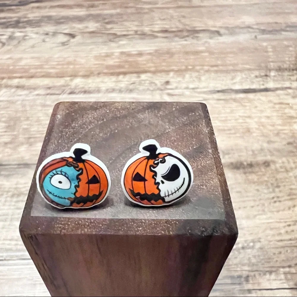 Jack and Sally, jack-o’-lantern, pumpkin stud earrings. New - Picture 7 of 11